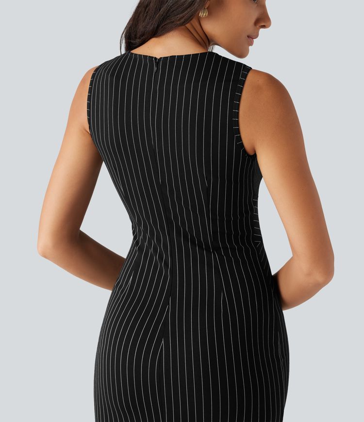 Notched Collar Sleeveless Bodycon Stripe Midi Work Dress Notched Collar Sleeveless Bodycon Stripe Midi Work Dress