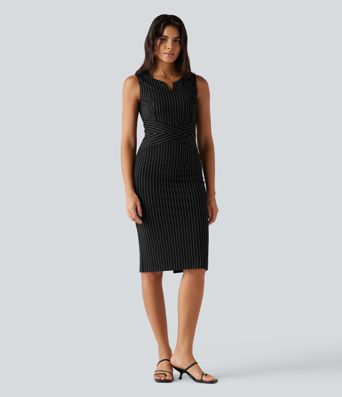 Notched Collar Sleeveless Bodycon Stripe Midi Work Dress Notched Collar Sleeveless Bodycon Stripe Midi Work Dress