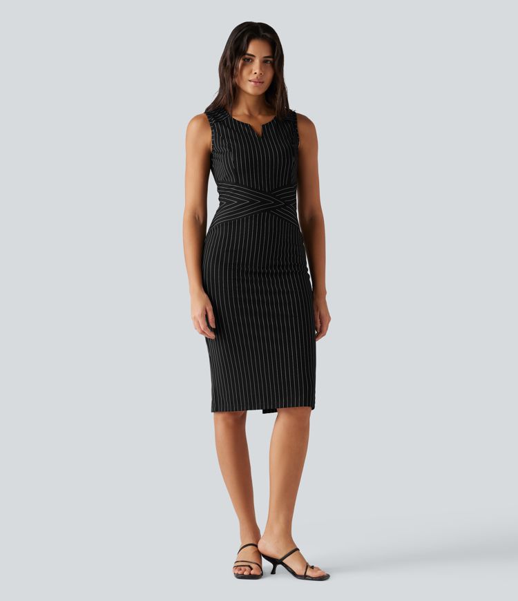 Notched Collar Sleeveless Bodycon Stripe Midi Work Dress Notched Collar Sleeveless Bodycon Stripe Midi Work Dress
