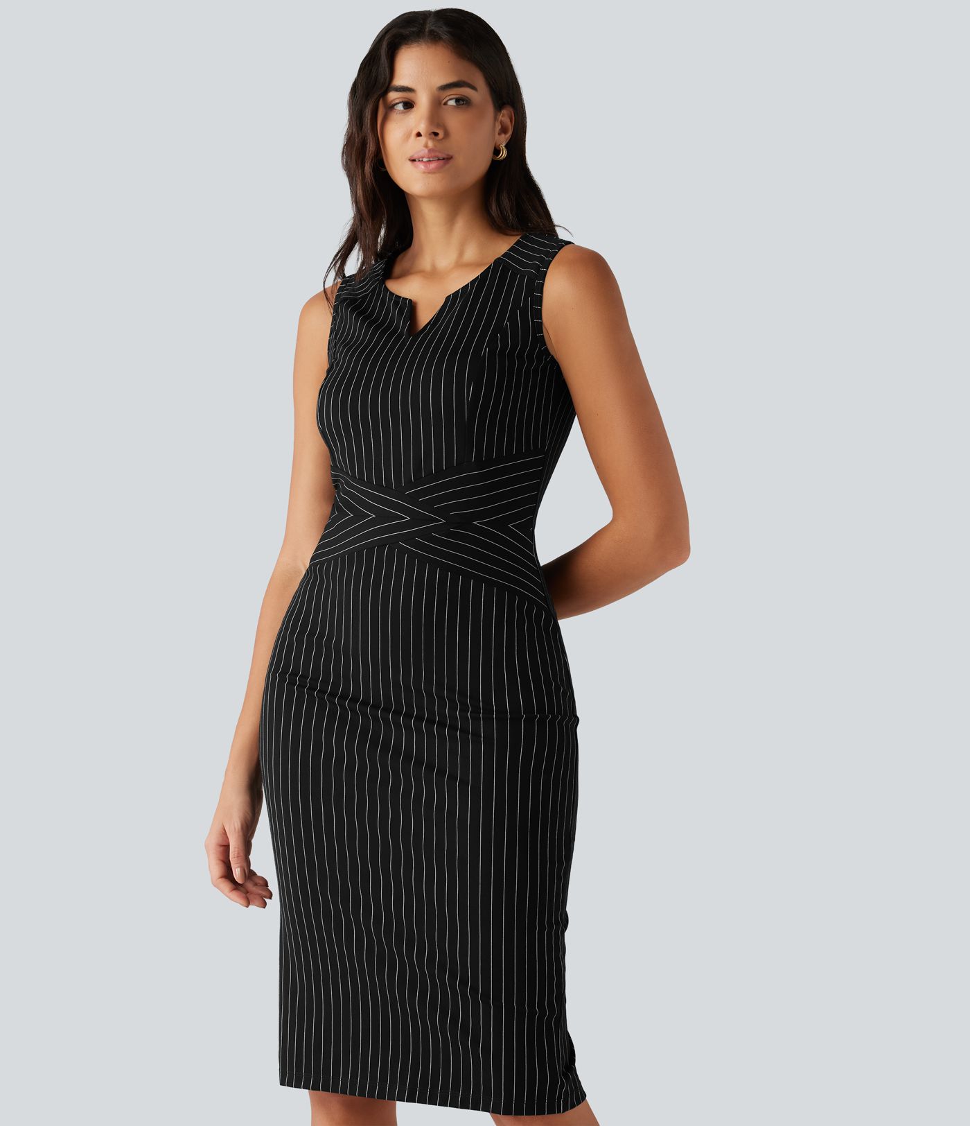 Notched Collar Sleeveless Bodycon Stripe Midi Work Dress Notched Collar Sleeveless Bodycon Stripe Midi Work Dress