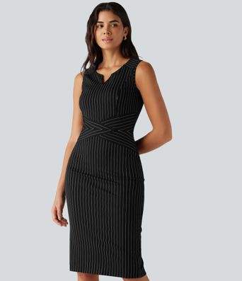 Notched Collar Sleeveless Bodycon Stripe Midi Work Dress Notched Collar Sleeveless Bodycon Stripe Midi Work Dress