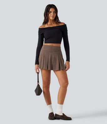 High Waisted Pleated A-Line 2-in-1 Corduroy Mini Casual Skirt