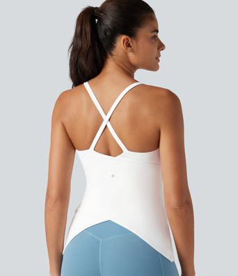 Scoop Neck Crisscross Back Crossover Hem Built-in Bra Yoga Cami Top DD-F Cups-Longer Length Scoop Neck Crisscross Back Crossover Hem Built-in Bra Yoga Cami Top DD-F Cups-Longer Length