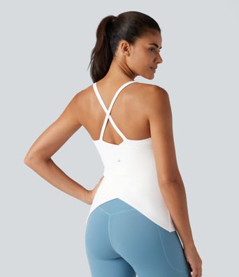 Scoop Neck Crisscross Back Crossover Hem Built-in Bra Yoga Cami Top DD-F Cups-Longer Length Scoop Neck Crisscross Back Crossover Hem Built-in Bra Yoga Cami Top DD-F Cups-Longer Length