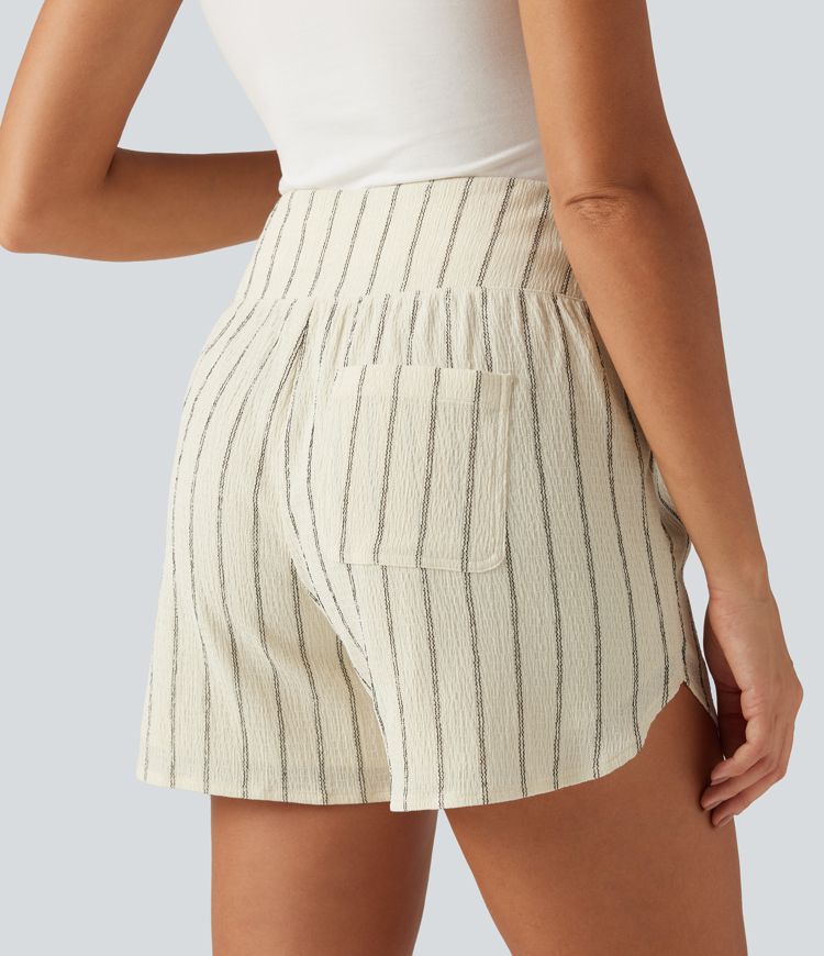 High Waisted Curved Hem 2-in-1 Stripe Casual Shorts 5" with Pockets High Waisted Curved Hem 2-in-1 Stripe Casual Shorts 5" with Pockets