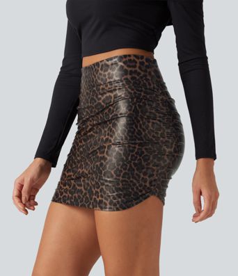 High Waisted Tummy Control Ruched Curved Hem 2-in-1 Stretchy PU Leopard Print Mini Skirt
