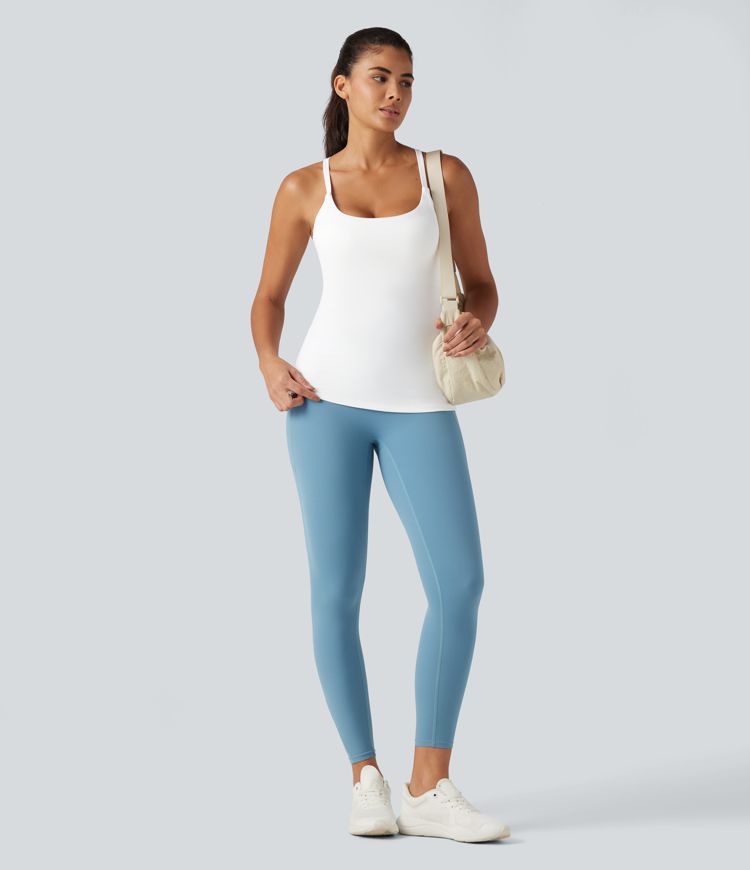 Scoop Neck Crisscross Back Crossover Hem Built-in Bra Yoga Cami Top DD-F Cups-Longer Length Scoop Neck Crisscross Back Crossover Hem Built-in Bra Yoga Cami Top DD-F Cups-Longer Length