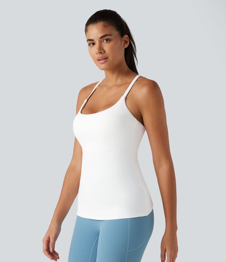 Scoop Neck Crisscross Back Crossover Hem Built-in Bra Yoga Cami Top DD-F Cups-Longer Length Scoop Neck Crisscross Back Crossover Hem Built-in Bra Yoga Cami Top DD-F Cups-Longer Length