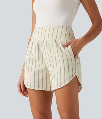 High Waisted Curved Hem 2-in-1 Stripe Casual Shorts 5" with Pockets High Waisted Curved Hem 2-in-1 Stripe Casual Shorts 5" with Pockets