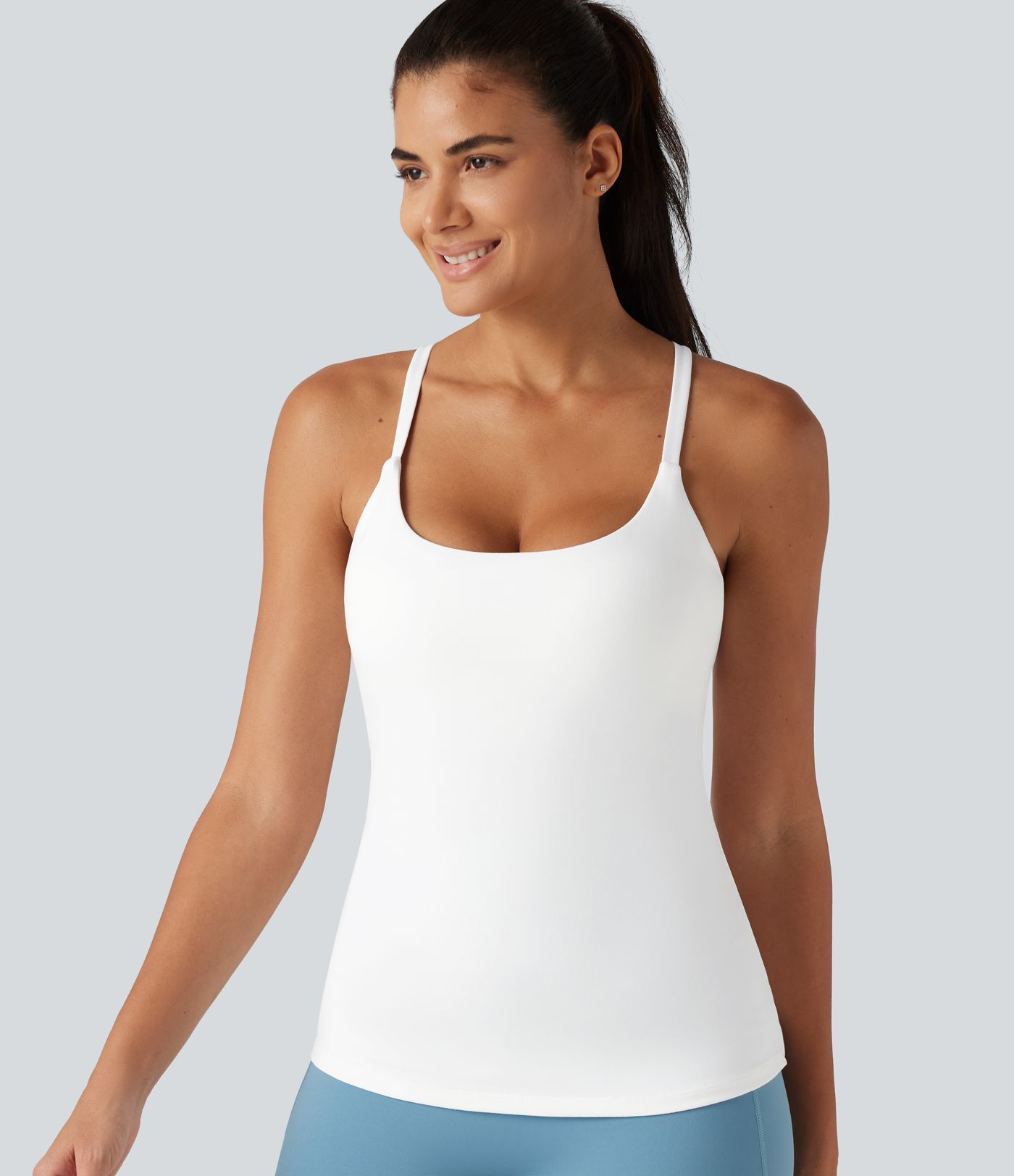 Scoop Neck Crisscross Back Crossover Hem Built-in Bra Yoga Cami Top DD-F Cups-Longer Length Scoop Neck Crisscross Back Crossover Hem Built-in Bra Yoga Cami Top DD-F Cups-Longer Length
