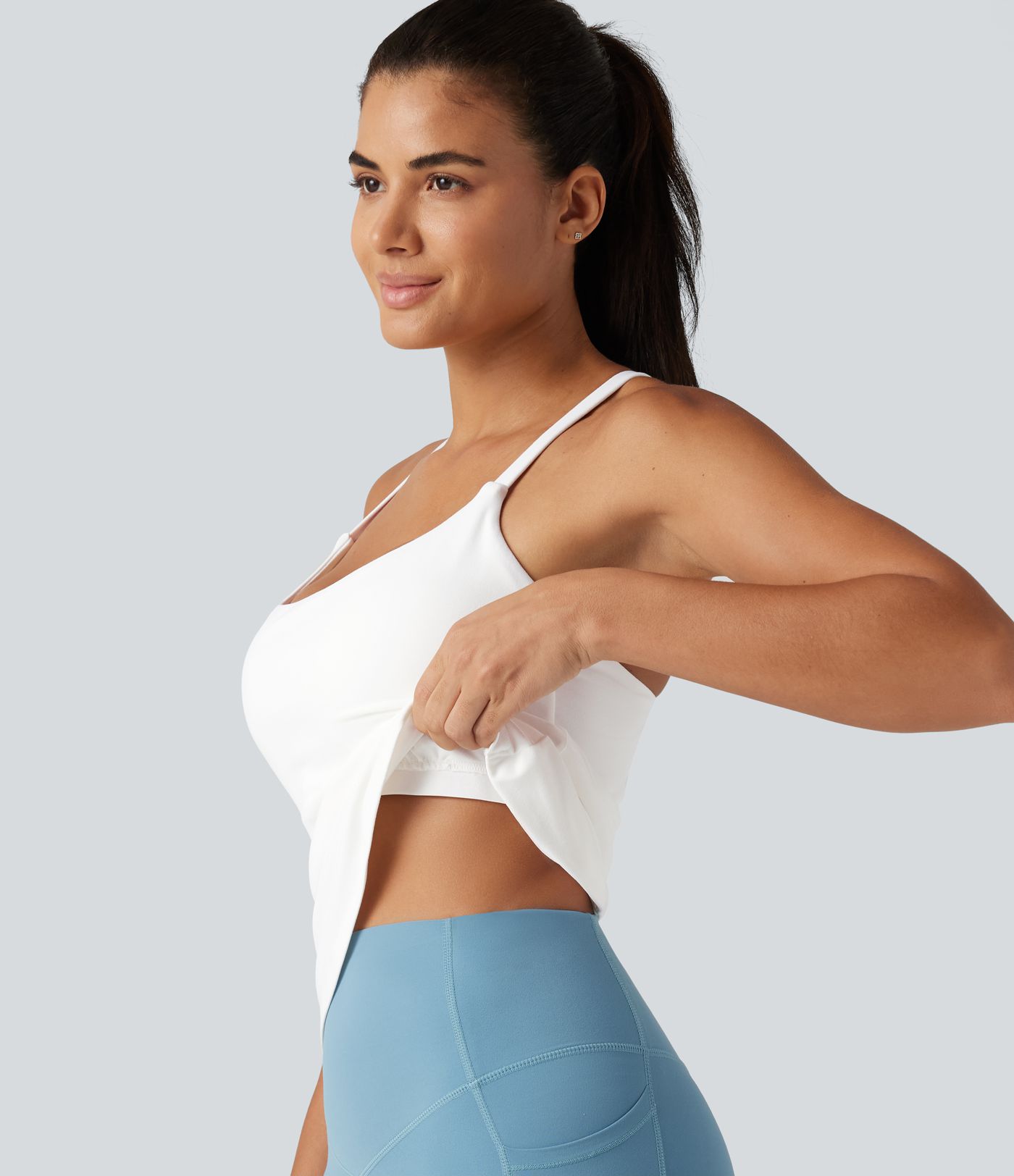 Scoop Neck Crisscross Back Crossover Hem Built-in Bra Yoga Cami Top DD-F Cups-Longer Length Scoop Neck Crisscross Back Crossover Hem Built-in Bra Yoga Cami Top DD-F Cups-Longer Length