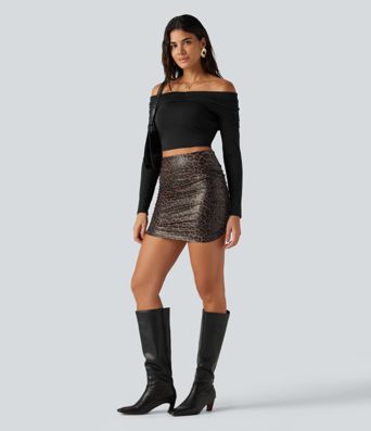 High Waisted Tummy Control Ruched Curved Hem 2-in-1 Stretchy PU Leopard Print Mini Skirt