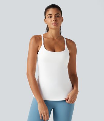 Scoop Neck Crisscross Back Crossover Hem Built-in Bra Yoga Cami Top DD-F Cups-Longer Length Scoop Neck Crisscross Back Crossover Hem Built-in Bra Yoga Cami Top DD-F Cups-Longer Length