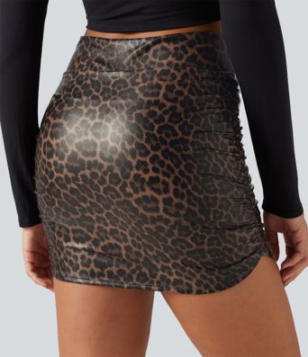 High Waisted Tummy Control Ruched Curved Hem 2-in-1 Stretchy PU Leopard Print Mini Skirt