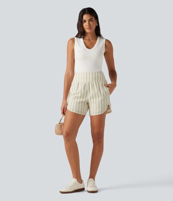 High Waisted Curved Hem 2-in-1 Stripe Casual Shorts 5" with Pockets High Waisted Curved Hem 2-in-1 Stripe Casual Shorts 5" with Pockets