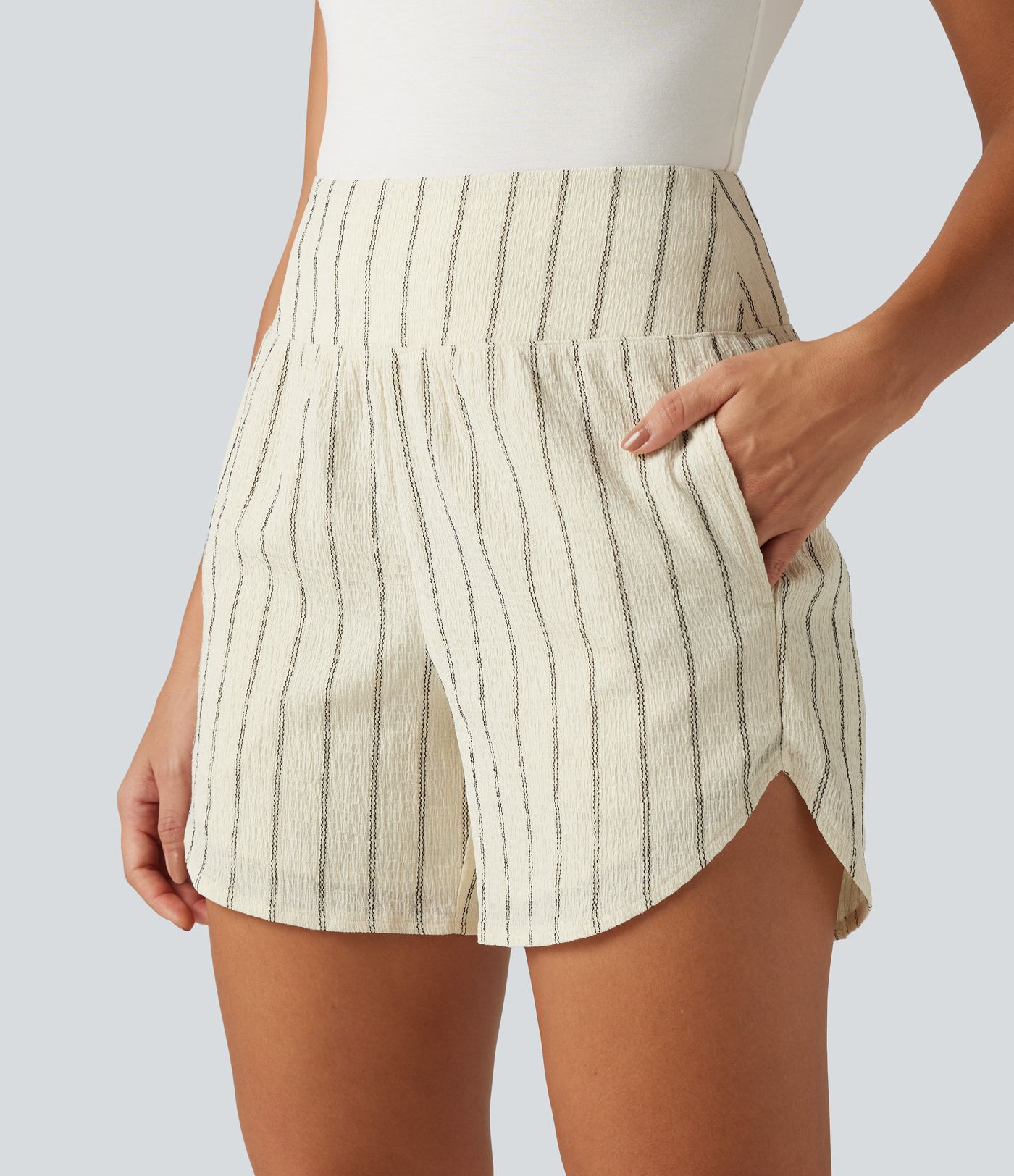 High Waisted Curved Hem 2-in-1 Stripe Casual Shorts 5" with Pockets High Waisted Curved Hem 2-in-1 Stripe Casual Shorts 5" with Pockets