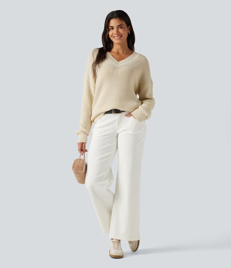 V Neck Dropped Shoulder Long Sleeve Cut Out Casual Sweater