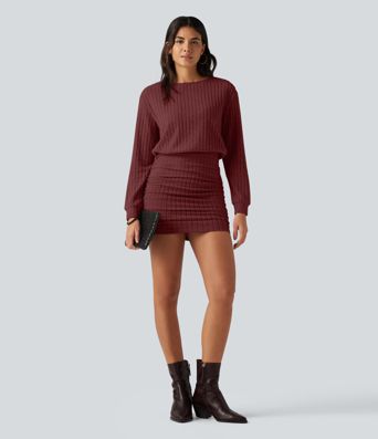Ribbed Knit Boat Neck Long Sleeve Mini Casual Dress
