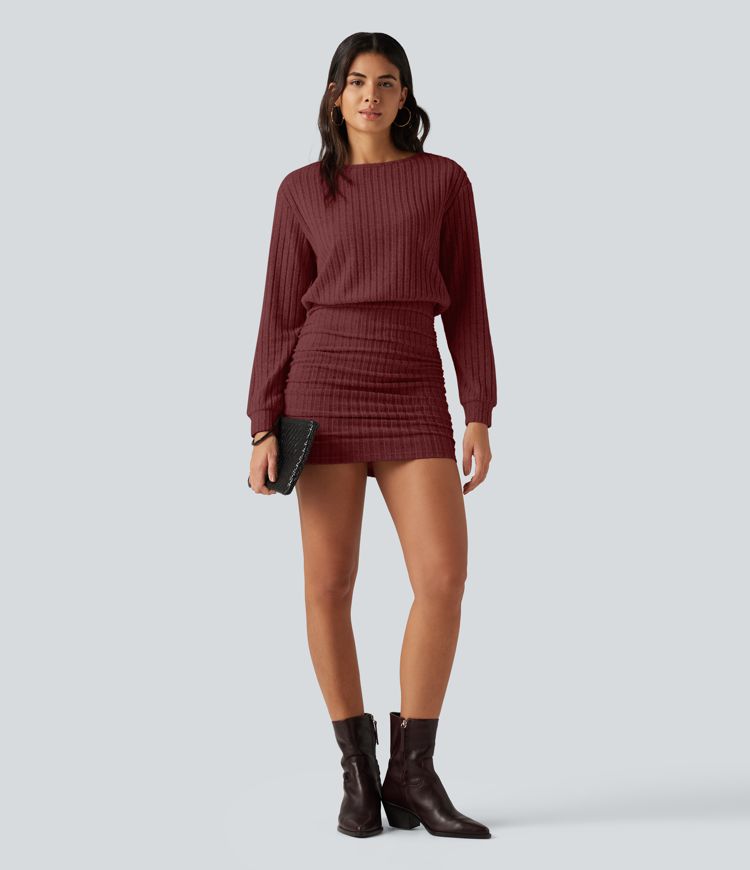 Ribbed Knit Boat Neck Long Sleeve Mini Casual Dress