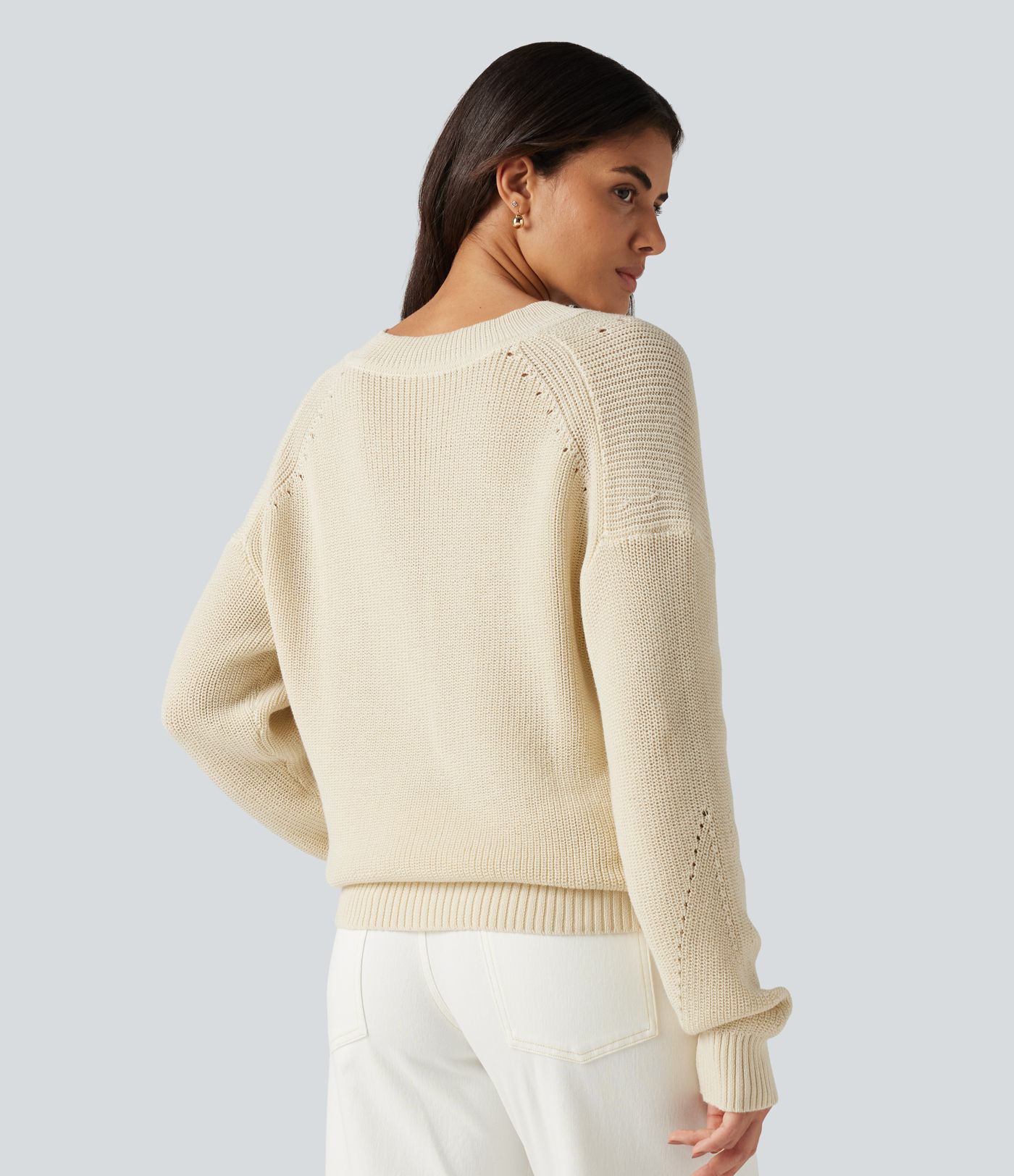 V Neck Dropped Shoulder Long Sleeve Cut Out Casual Sweater