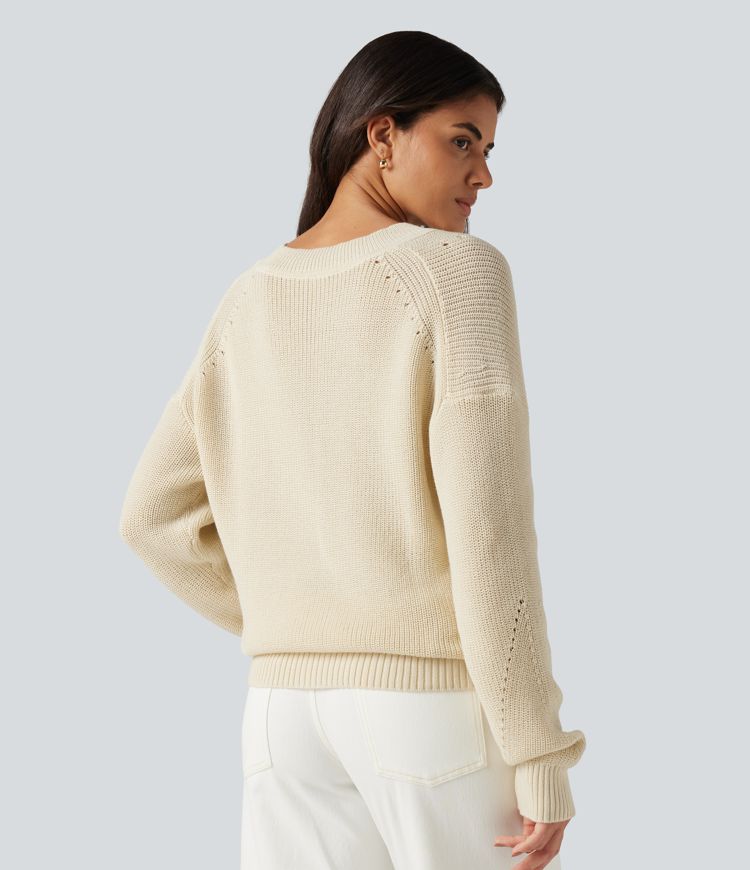 V Neck Dropped Shoulder Long Sleeve Cut Out Casual Sweater