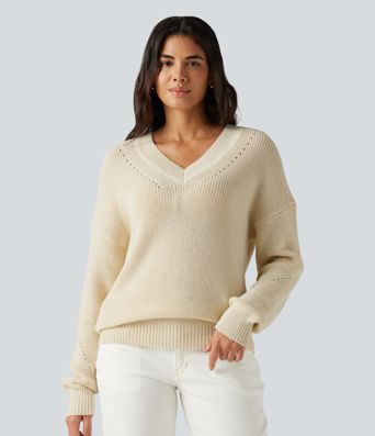V Neck Dropped Shoulder Long Sleeve Cut Out Casual Sweater