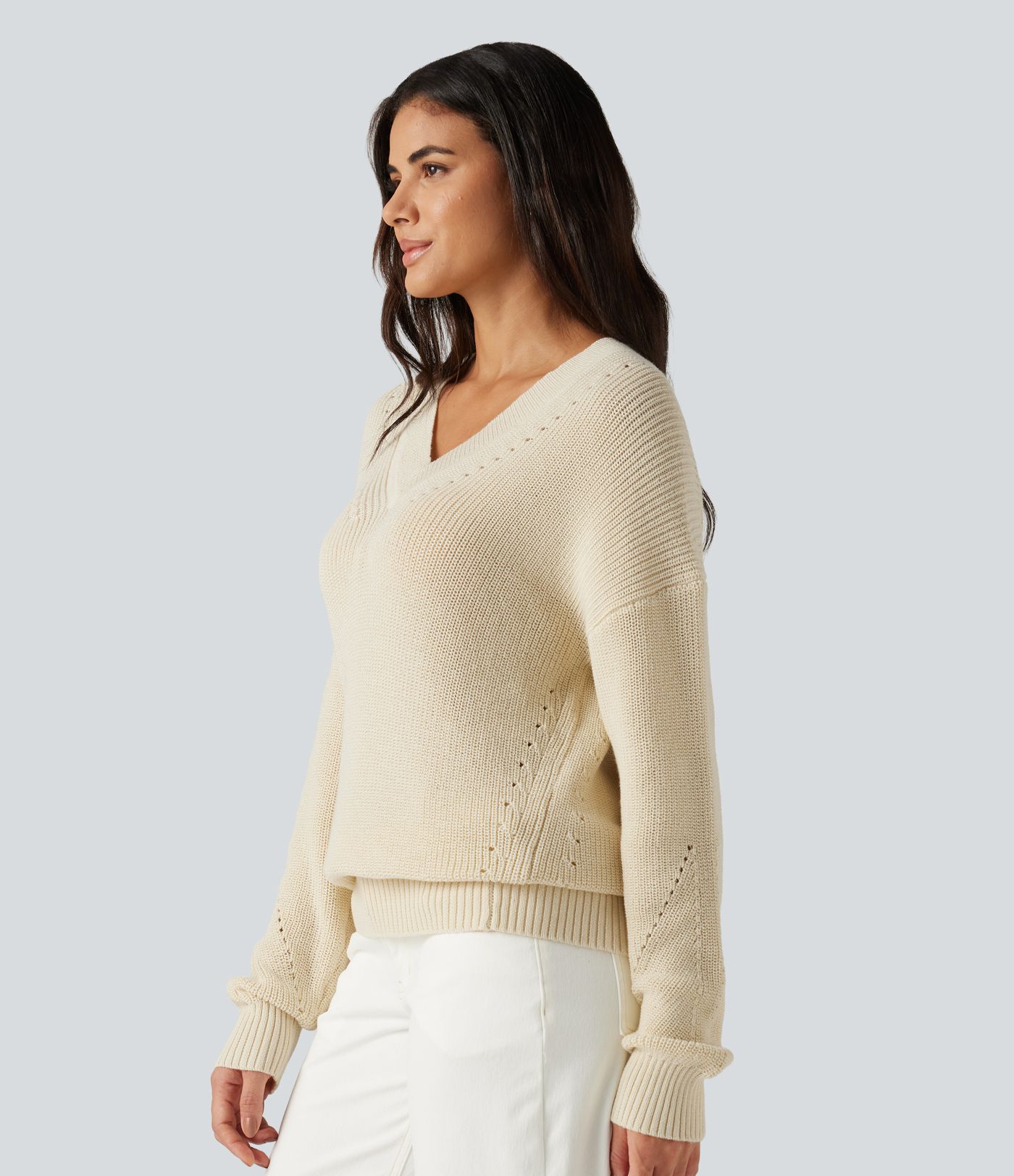 V Neck Dropped Shoulder Long Sleeve Cut Out Casual Sweater
