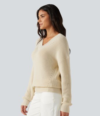 V Neck Dropped Shoulder Long Sleeve Cut Out Casual Sweater