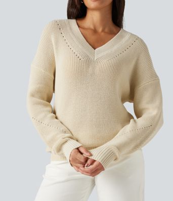 V Neck Dropped Shoulder Long Sleeve Cut Out Casual Sweater