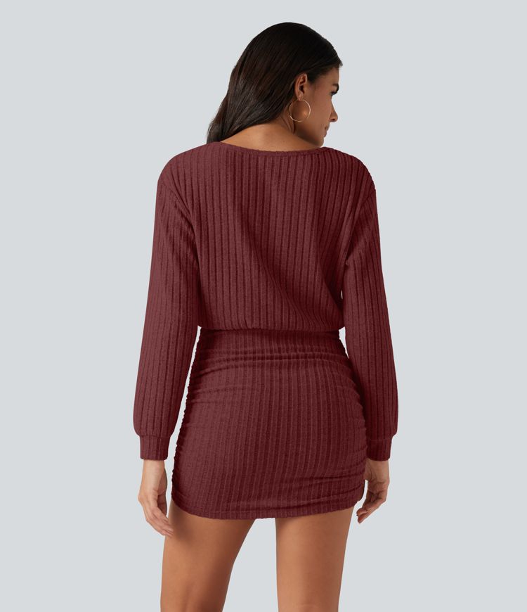 Ribbed Knit Boat Neck Long Sleeve Mini Casual Dress