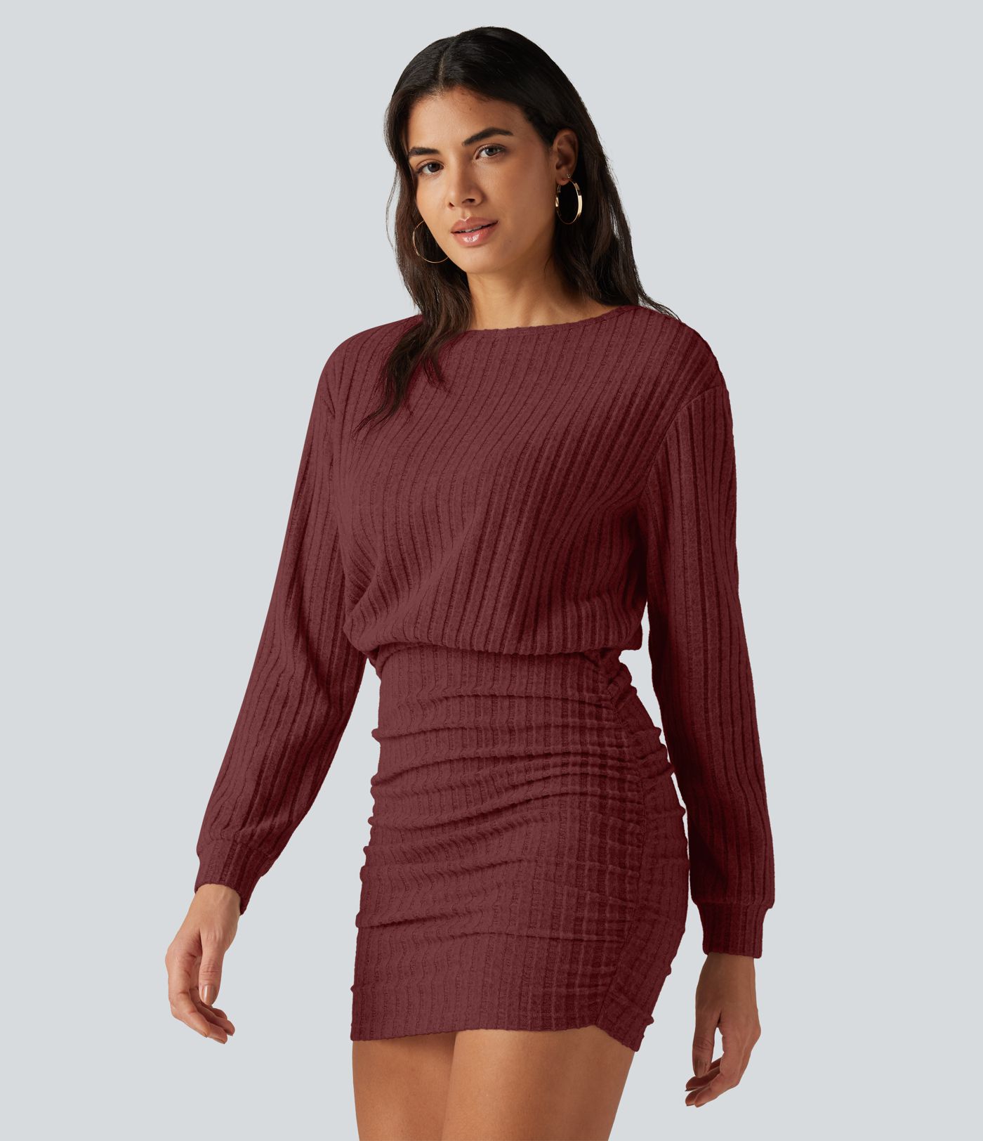 Ribbed Knit Boat Neck Long Sleeve Mini Casual Dress