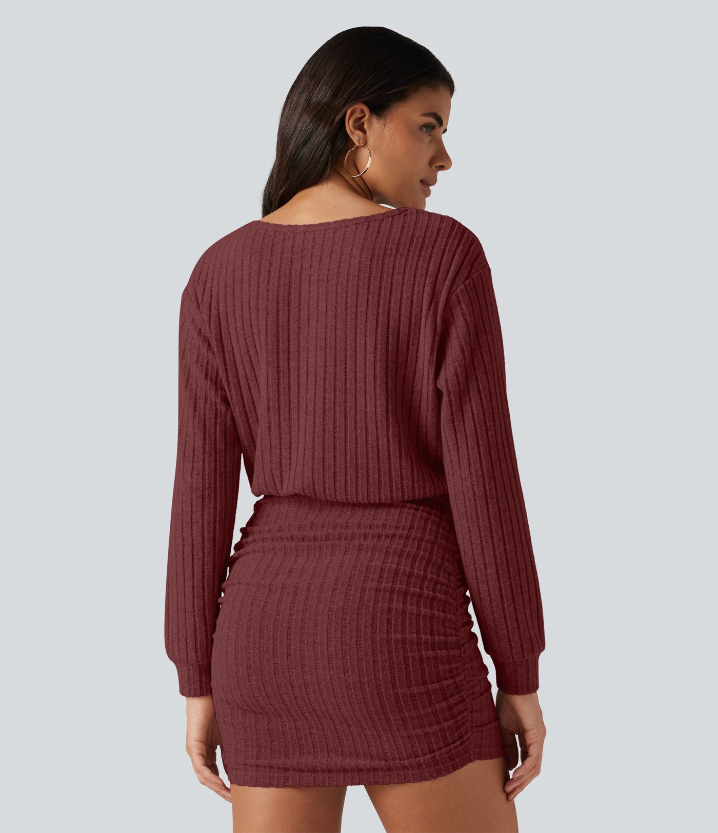 Ribbed Knit Boat Neck Long Sleeve Mini Casual Dress