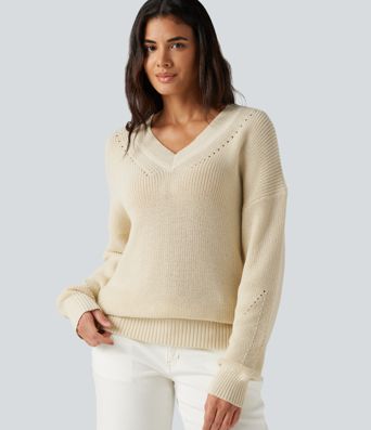 V Neck Dropped Shoulder Long Sleeve Cut Out Casual Sweater