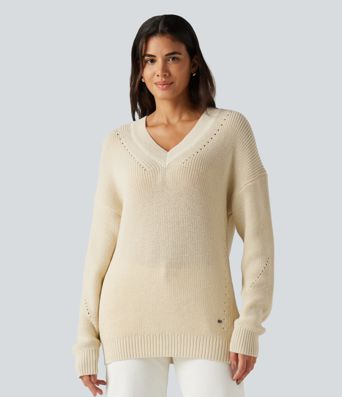V Neck Dropped Shoulder Long Sleeve Cut Out Casual Sweater