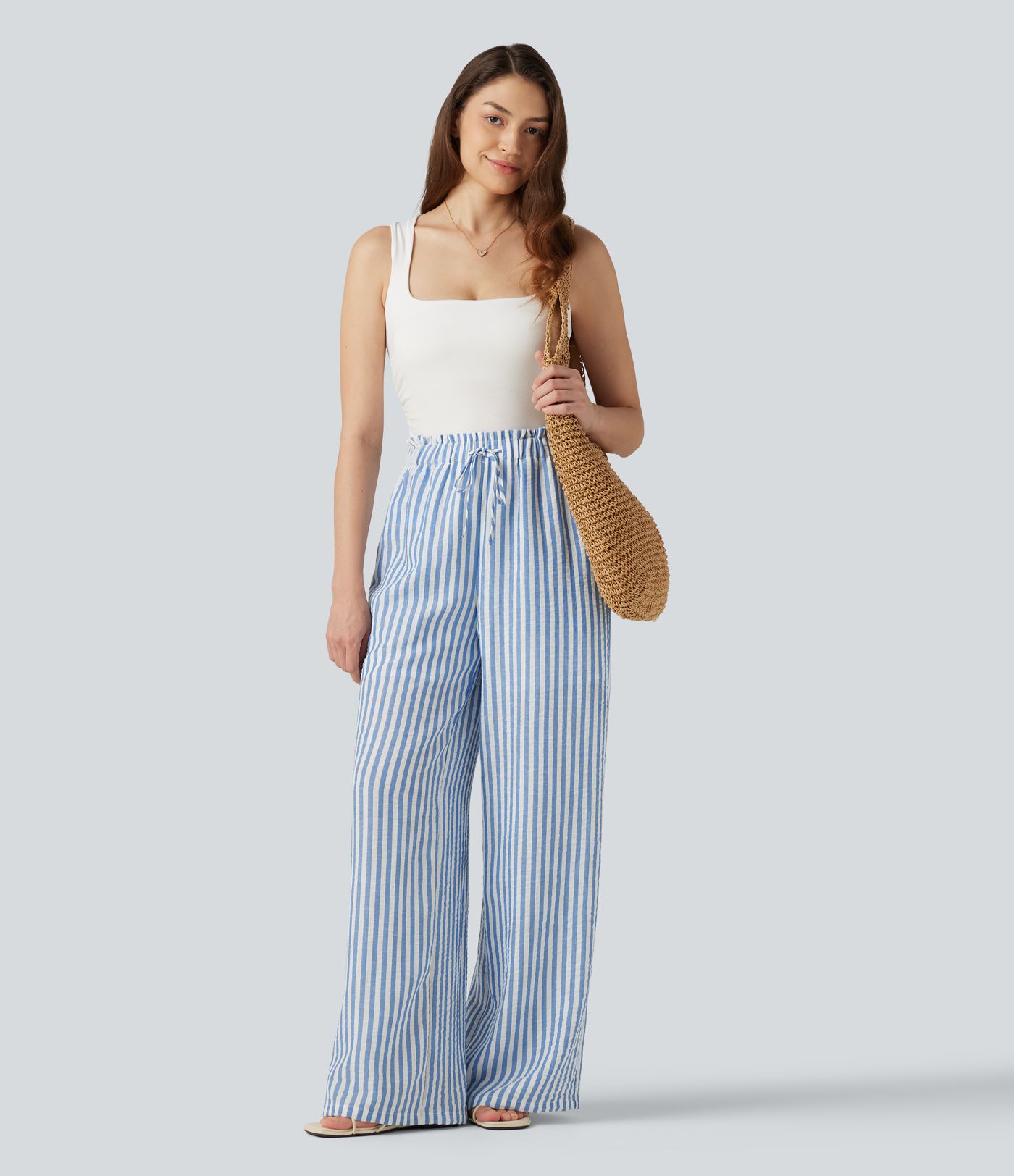 High Waisted Drawstring Wide Leg Stripe 2-in-1 Casual Linen-Feel Pants with Pockets