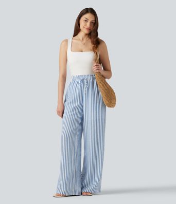 High Waisted Drawstring Wide Leg Stripe 2-in-1 Casual Linen-Feel Pants with Pockets