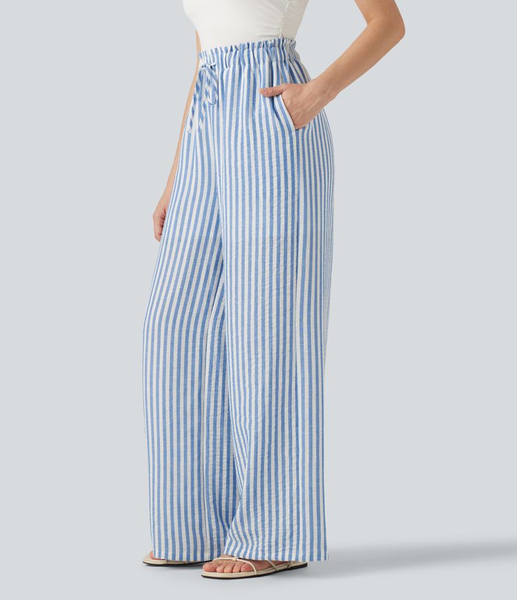 High Waisted Drawstring Wide Leg Stripe 2-in-1 Casual Linen-Feel Pants with Pockets
