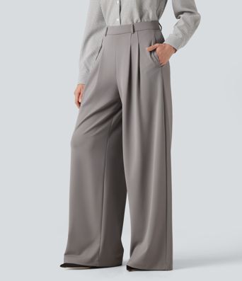 High Waisted Pleated Baggy Work Pants with Pockets High Waisted Pleated Baggy Work Pants with Pockets