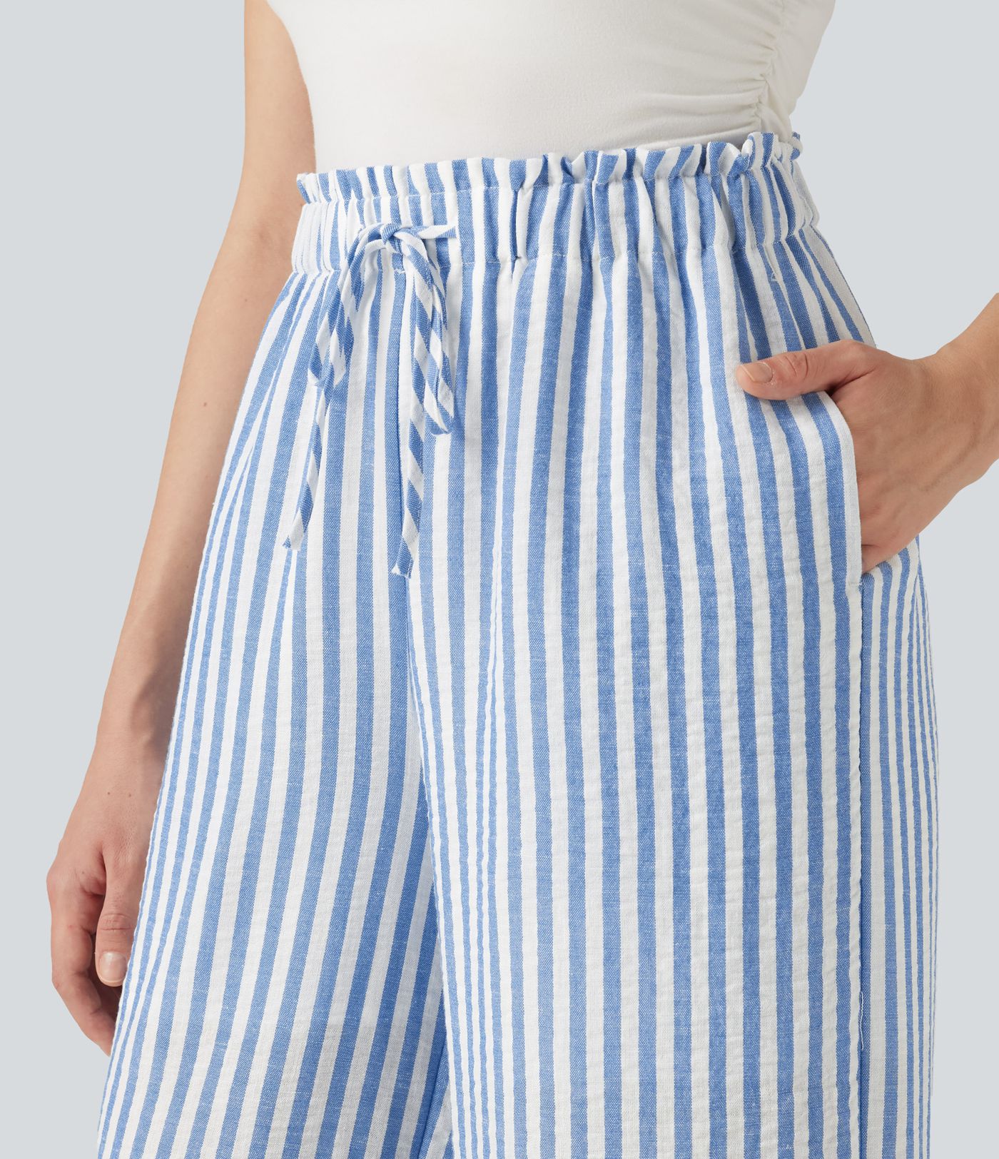 High Waisted Drawstring Wide Leg Stripe 2-in-1 Casual Linen-Feel Pants with Pockets