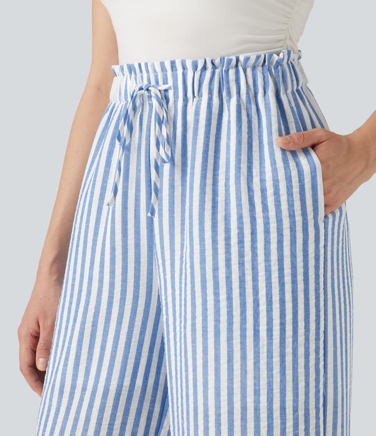 High Waisted Drawstring Wide Leg Stripe 2-in-1 Casual Linen-Feel Pants with Pockets