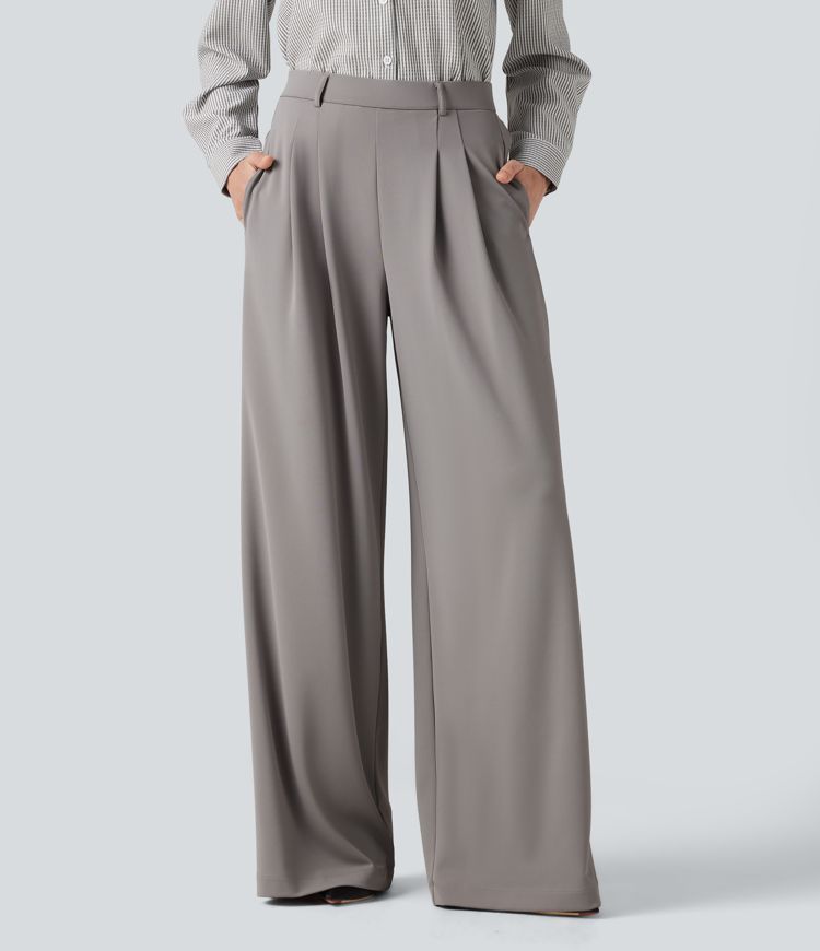 High Waisted Pleated Baggy Work Pants with Pockets High Waisted Pleated Baggy Work Pants with Pockets