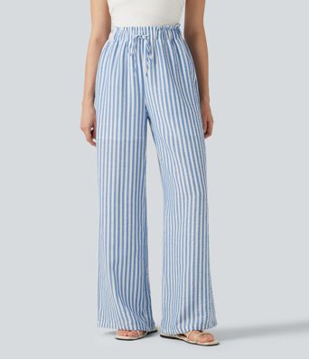 High Waisted Drawstring Wide Leg Stripe 2-in-1 Casual Linen-Feel Pants with Pockets