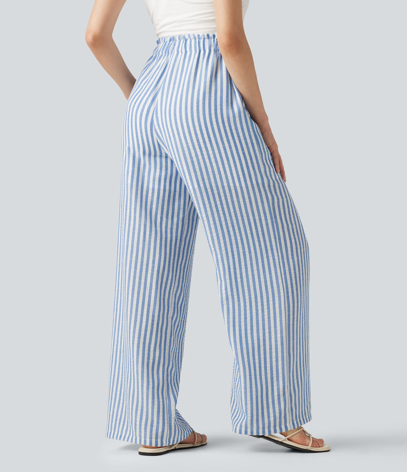 High Waisted Drawstring Wide Leg Stripe 2-in-1 Casual Linen-Feel Pants with Pockets