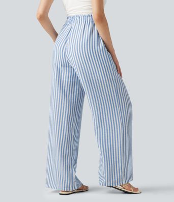 High Waisted Drawstring Wide Leg Stripe 2-in-1 Casual Linen-Feel Pants with Pockets