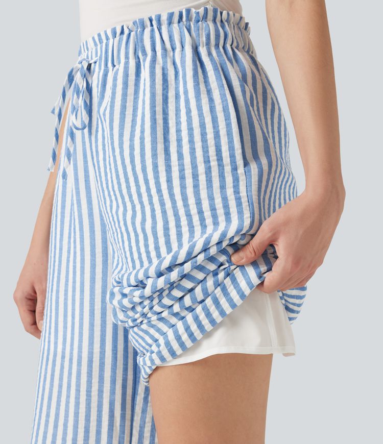 High Waisted Drawstring Wide Leg Stripe 2-in-1 Casual Linen-Feel Pants with Pockets
