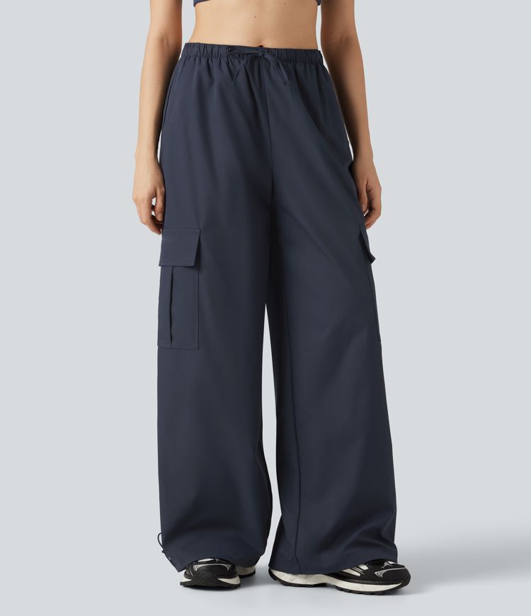 Water Repellent Wear-Resistant Mid Rise Drawstring Baggy Casual Cargo Pants with Pockets