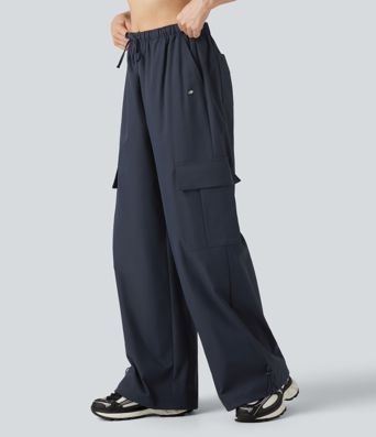Pantalon cargo baggy taille mi-haute déperlant et résistant à l’usure avec cordon de serrage et poches Pantalon cargo baggy taille mi-haute déperlant et résistant à l’usure avec cordon de serrage et poches