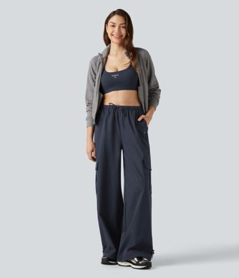 Pantalon cargo baggy taille mi-haute déperlant et résistant à l’usure avec cordon de serrage et poches Pantalon cargo baggy taille mi-haute déperlant et résistant à l’usure avec cordon de serrage et poches