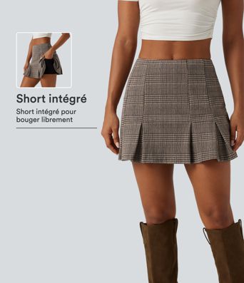 Jupe-short mini de bureau taille haute plissée coupe trapèze à motif pied-de-poule avec poches
