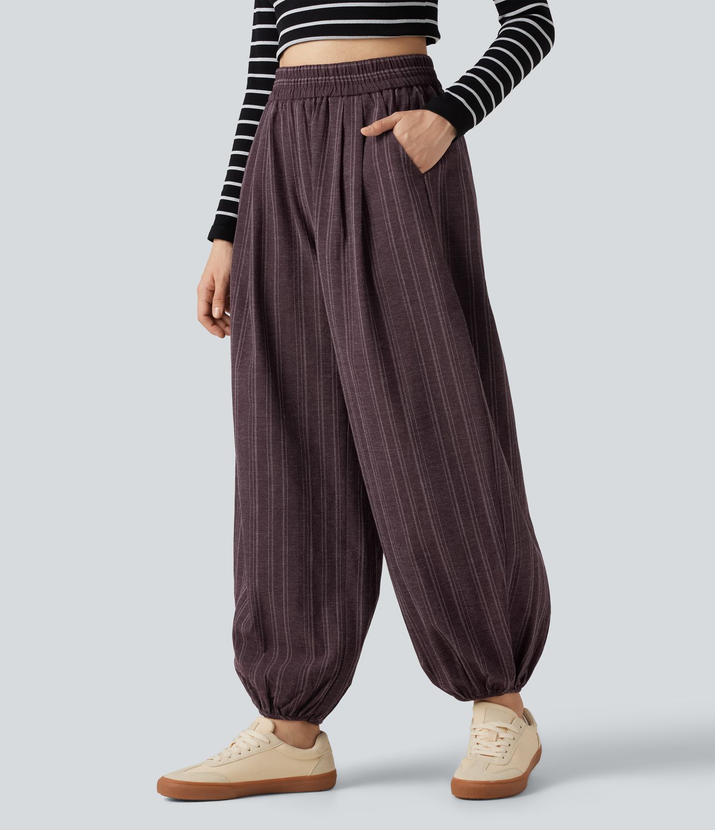 High Waisted Stripe Casual Linen-Feel Joggers with Pockets